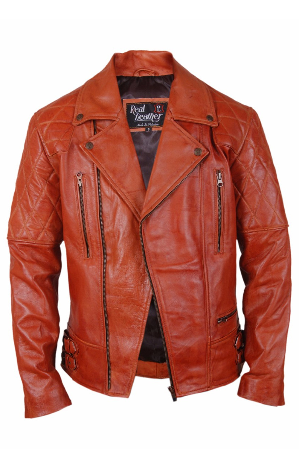 Classic Diamond Biker Leather Jacket Rusty Orange
