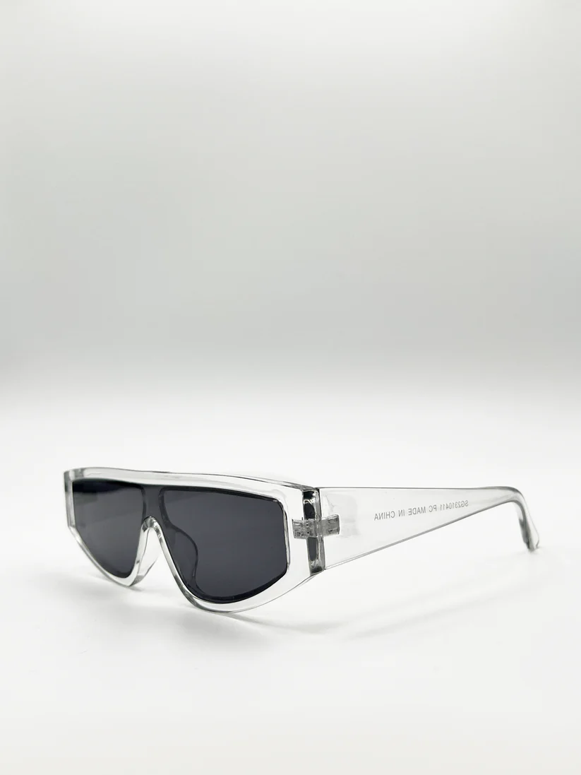 Clear Frame Oversized Racer Style Sunglasses with Black Lenses