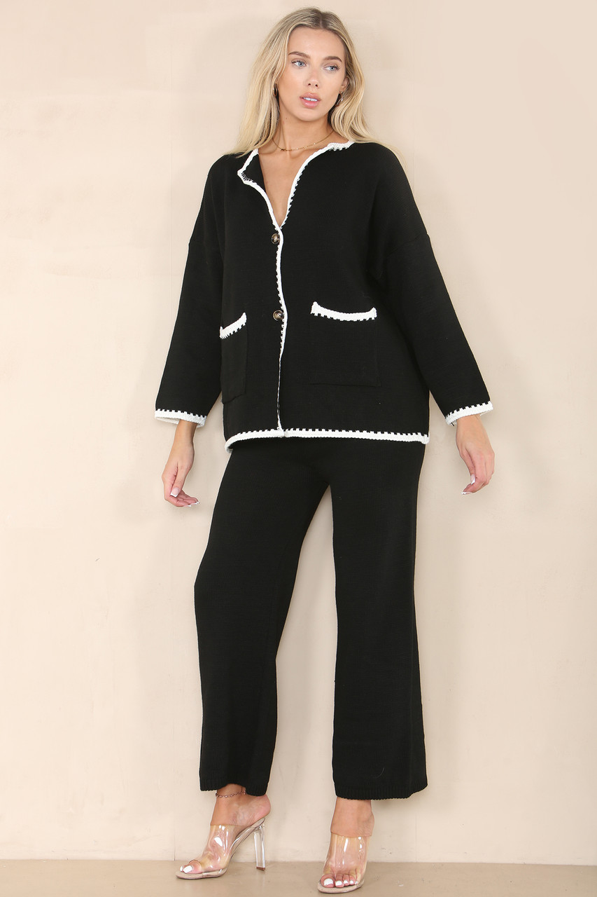 Contrast Stitching Cardigan CoOrd Set Black