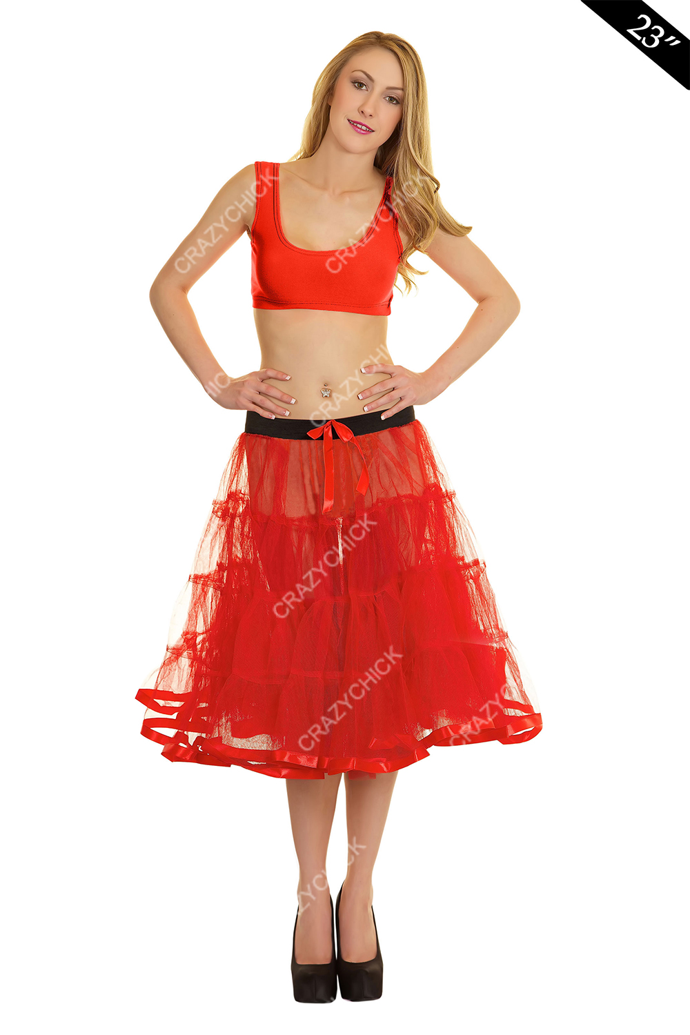 Crazy Chick Adult 4 Tier Petticoat with Ribbon Red Tutu Skirt (Approximately 23 Inches Long)