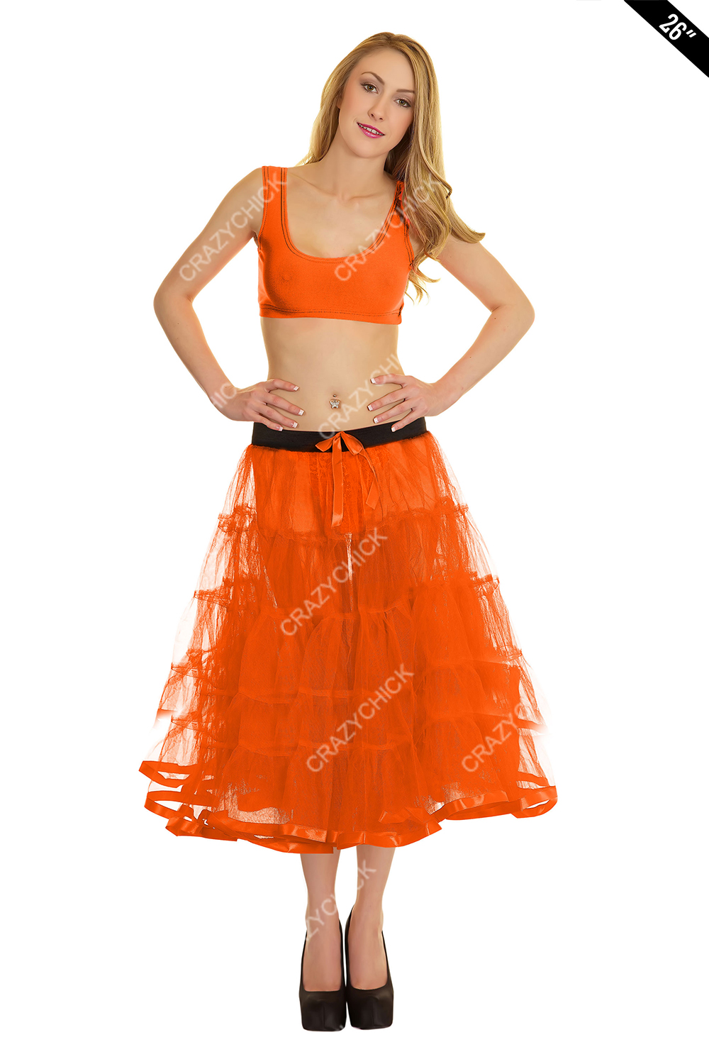 Crazy Chick Adult 5 Tier Petticoat with Ribbon Orange Tutu Skirt (Approximately 26 Inches Long)