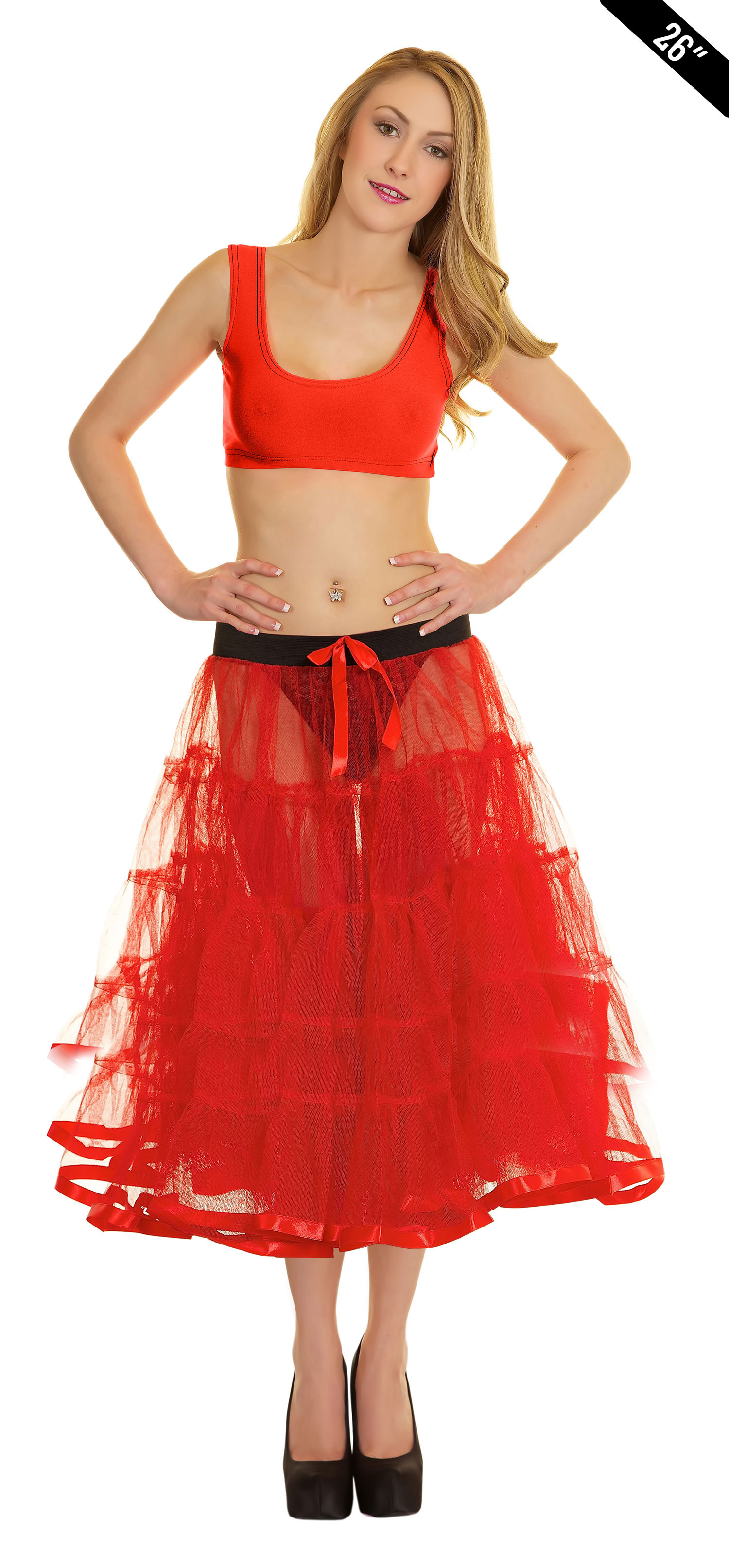 Crazy Chick Adult 5 Tier Petticoat with Ribbon Red Tutu Skirt (Approximately 26 Inches Long)