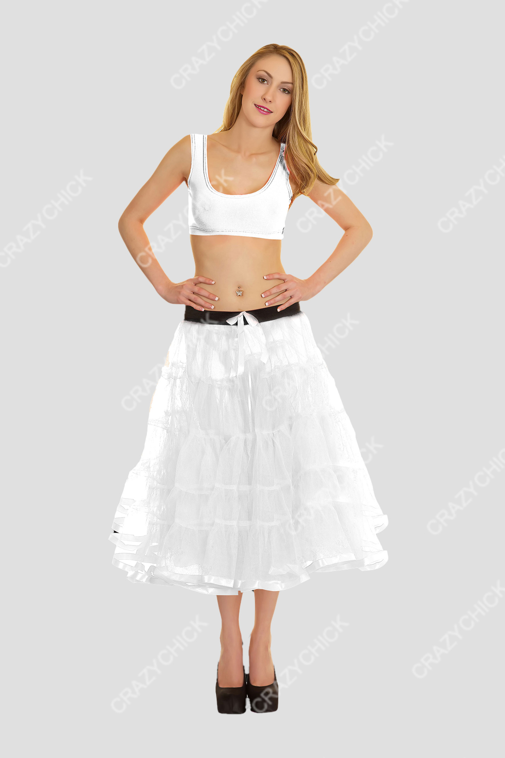 Crazy Chick Adult 5 Tier Petticoat with Ribbon White Tutu Skirt (Approximately 26 Inches Long)