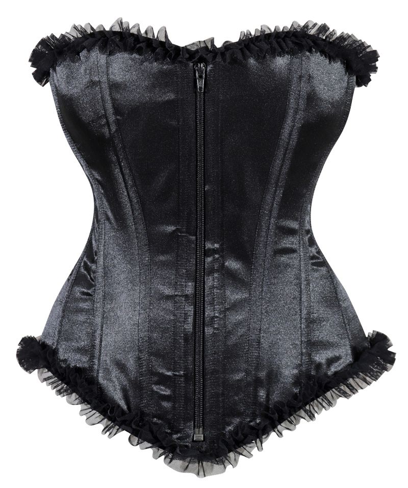 Crazy Chick Black Satin Corset With Zip And Frill