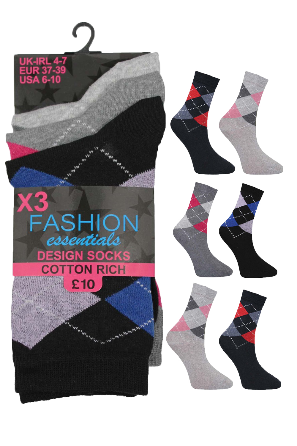 Crazy Chick Cotton Mix Argyle Design Pattern Socks (Pack Of 3)