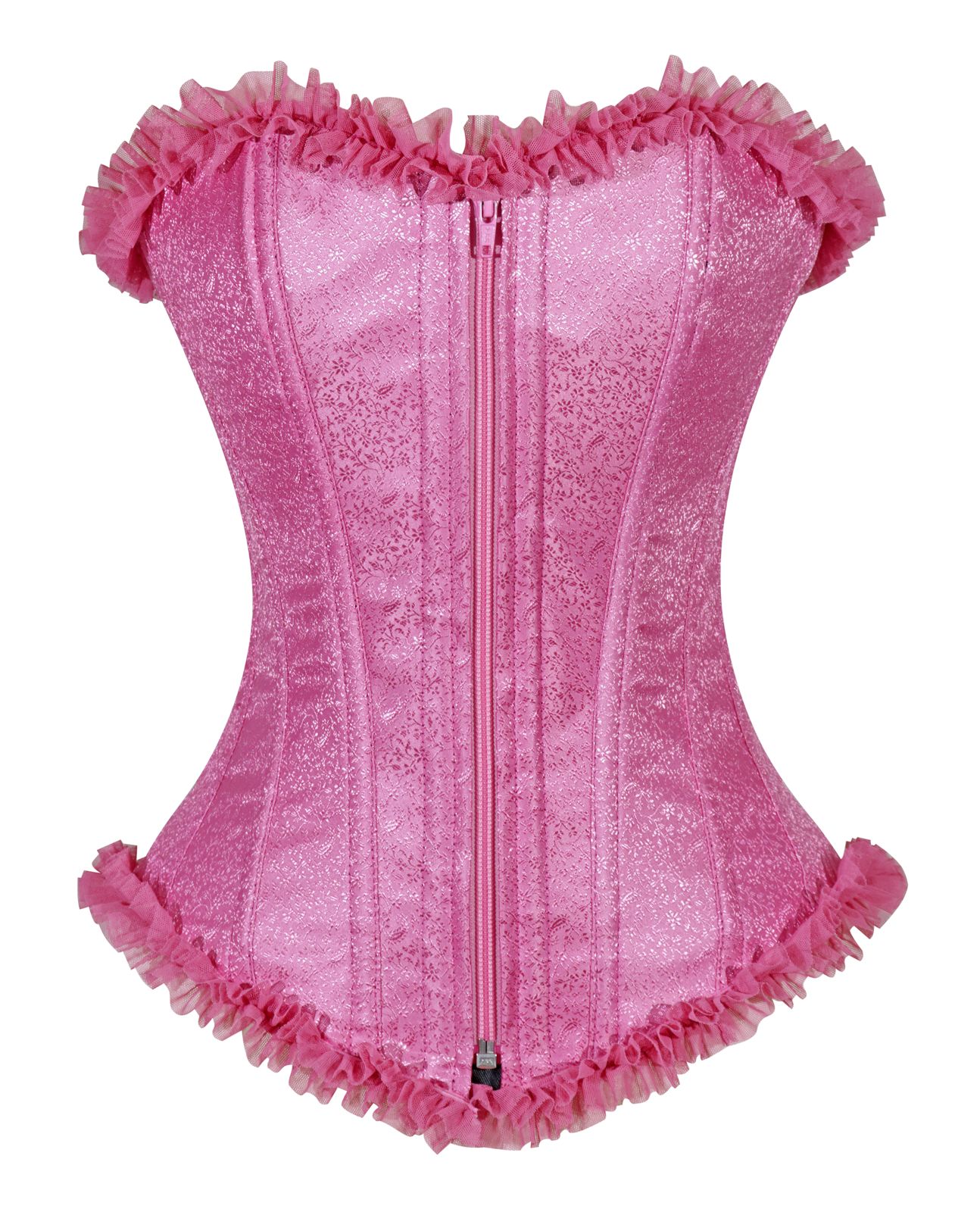 Crazy Chick Pink Brocade Corset with Zip and Frill