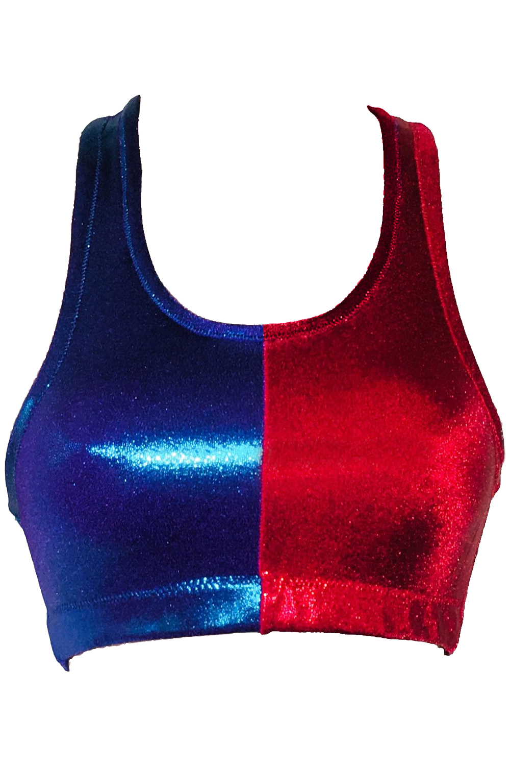 Crazy Chick Adult Shiny Metallic Red Blue Crop Top