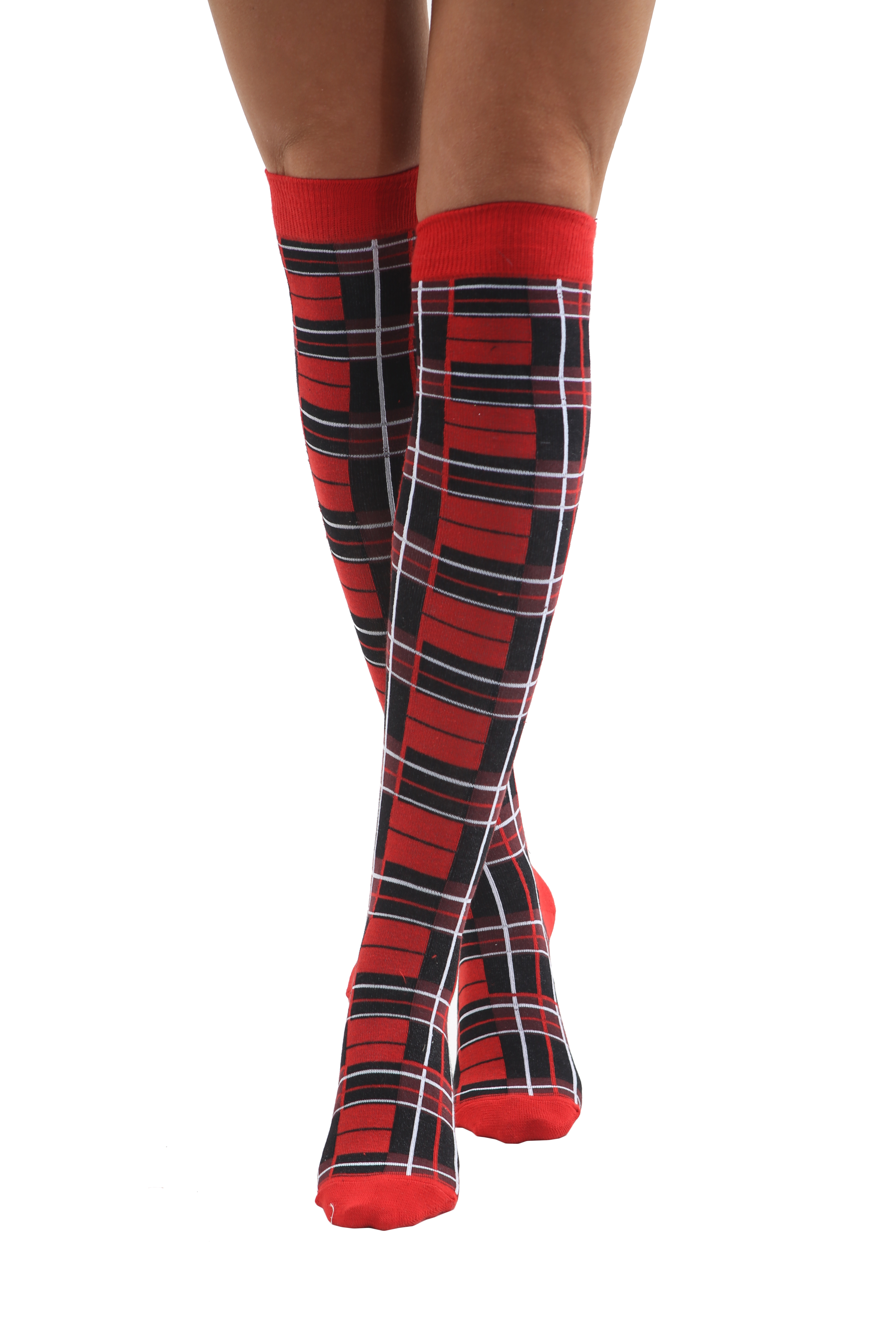Crazy Chick Tartan Red Checkered OTK Socks (12 Pairs)