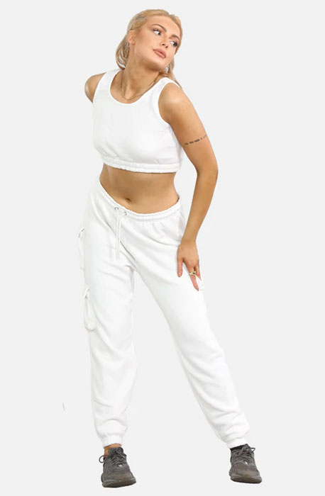 Cream Women Cargo Bottom and Ribbed Crop Top Set