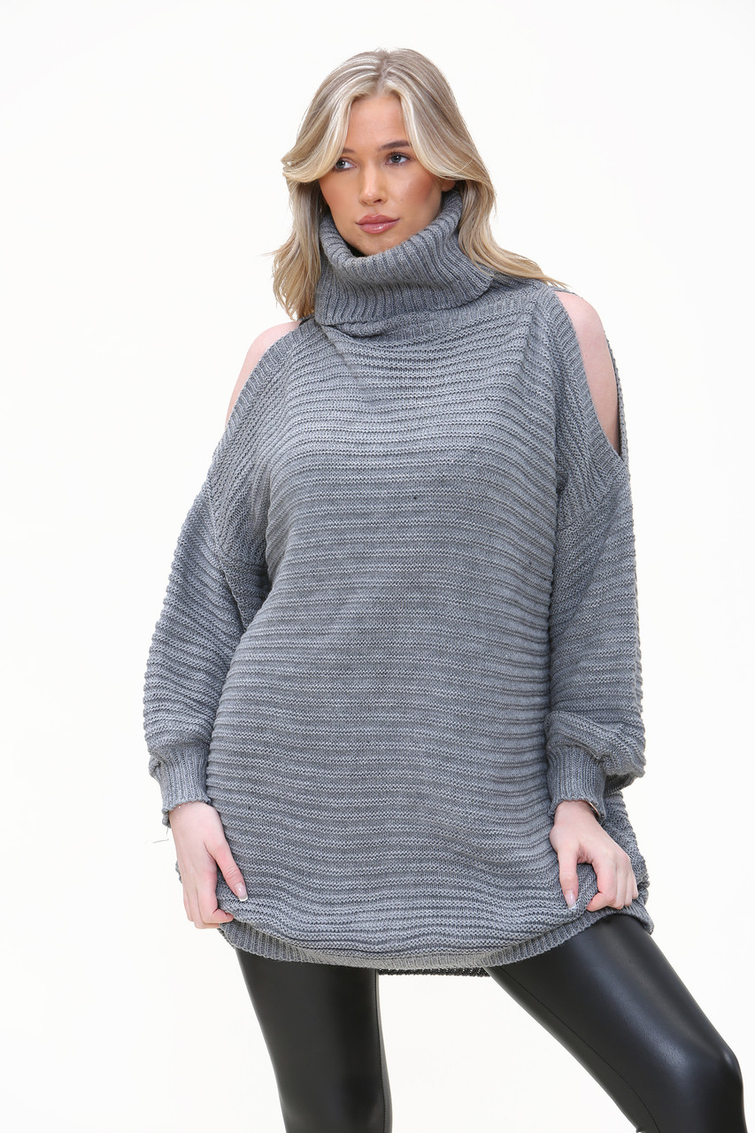 Cut shoulder Roll Neck Grey Jumper