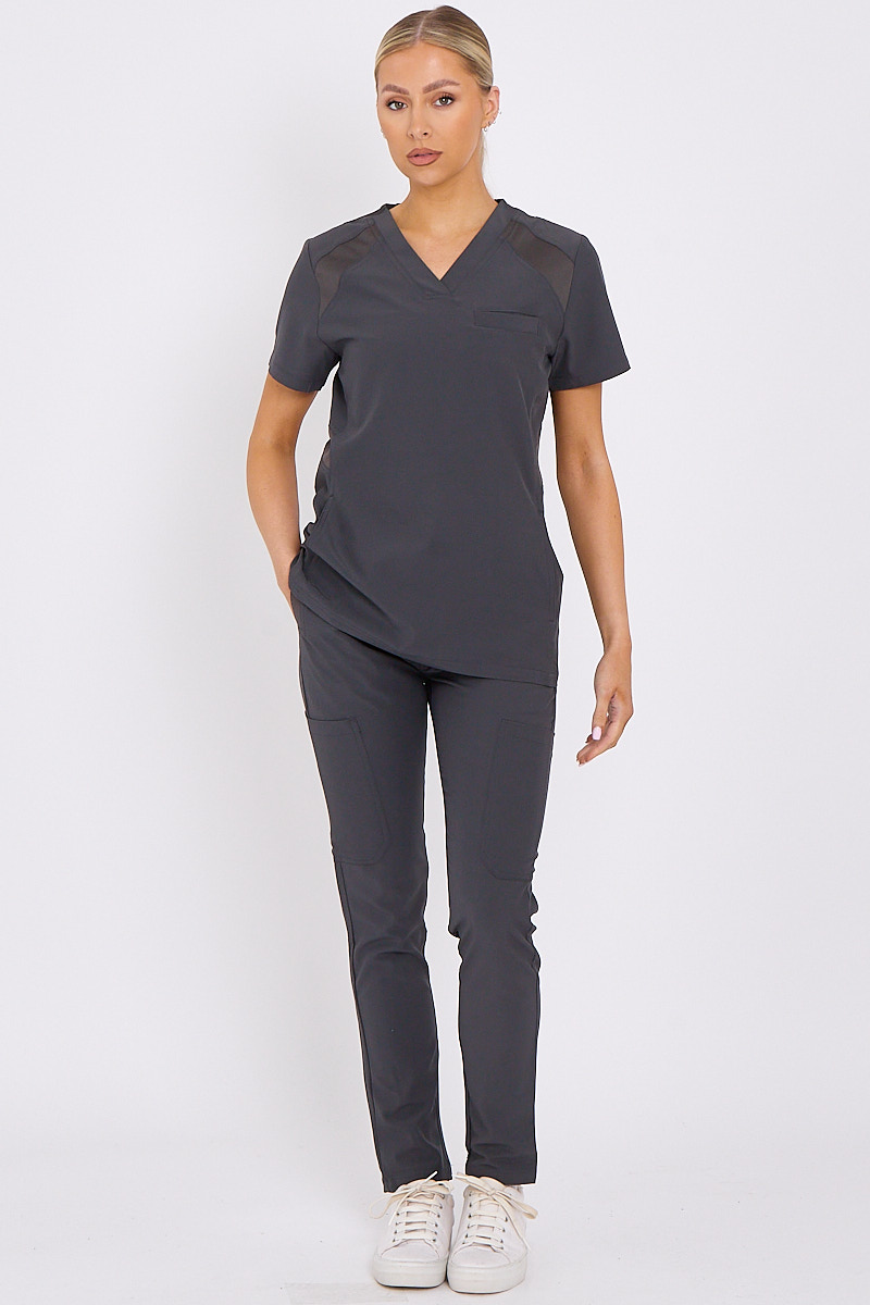  Women Dark Grey Medical Scrub Set Uniform With Pockets