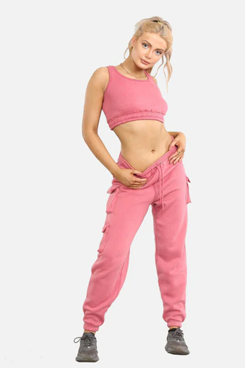 Dusty Pink Women Cargo Bottom and Ribbed Crop Top Set