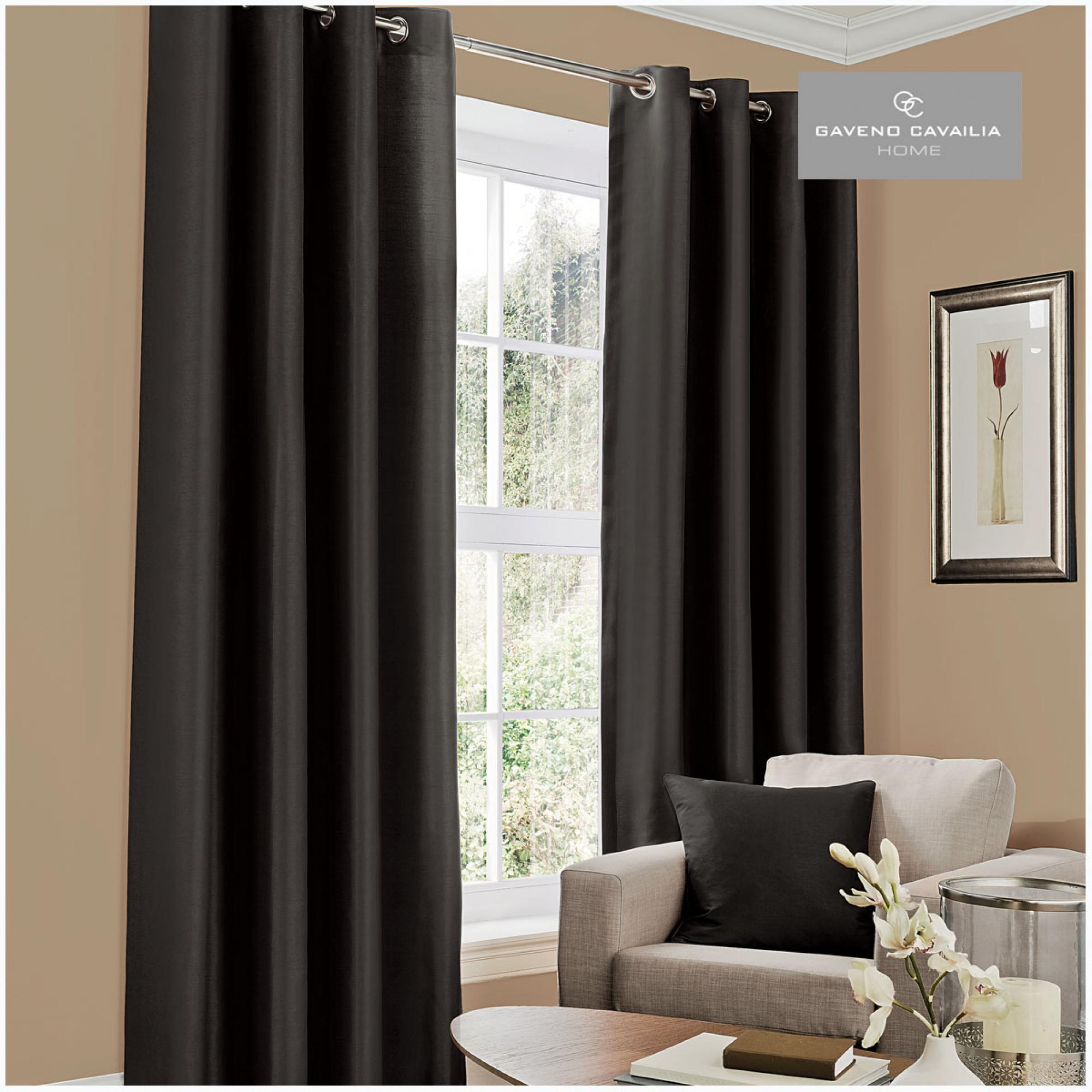 FAUX SILK (EYELET) CURTAINS 66x54 BLACK@