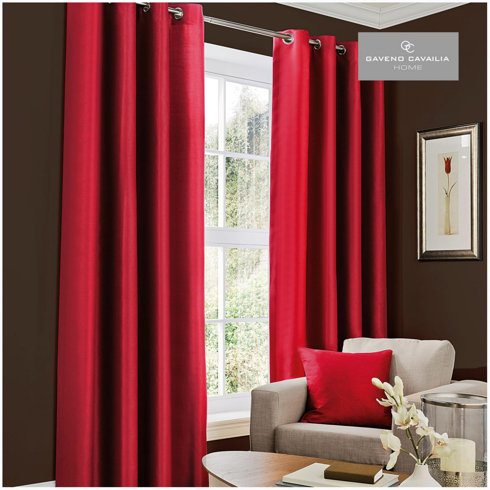 FAUX SILK (EYELET) CURTAINS 66x54 DEEP RED@