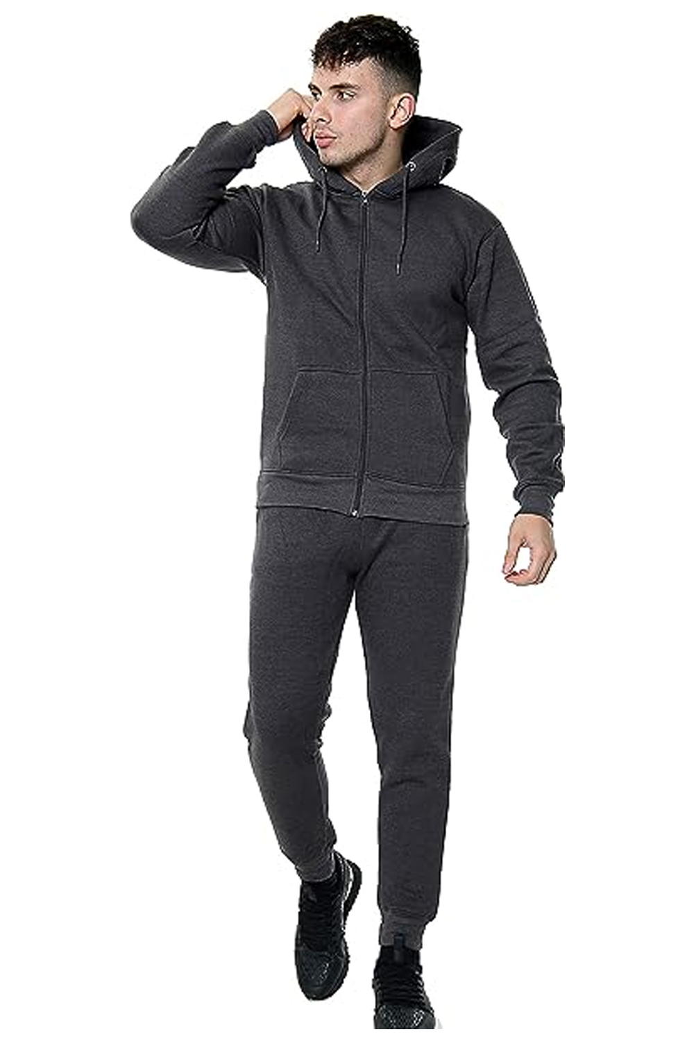 Fleece Hooded Top & Bottom Gym Jogger Plain Tracksuit Full Set S To Xl charcoal