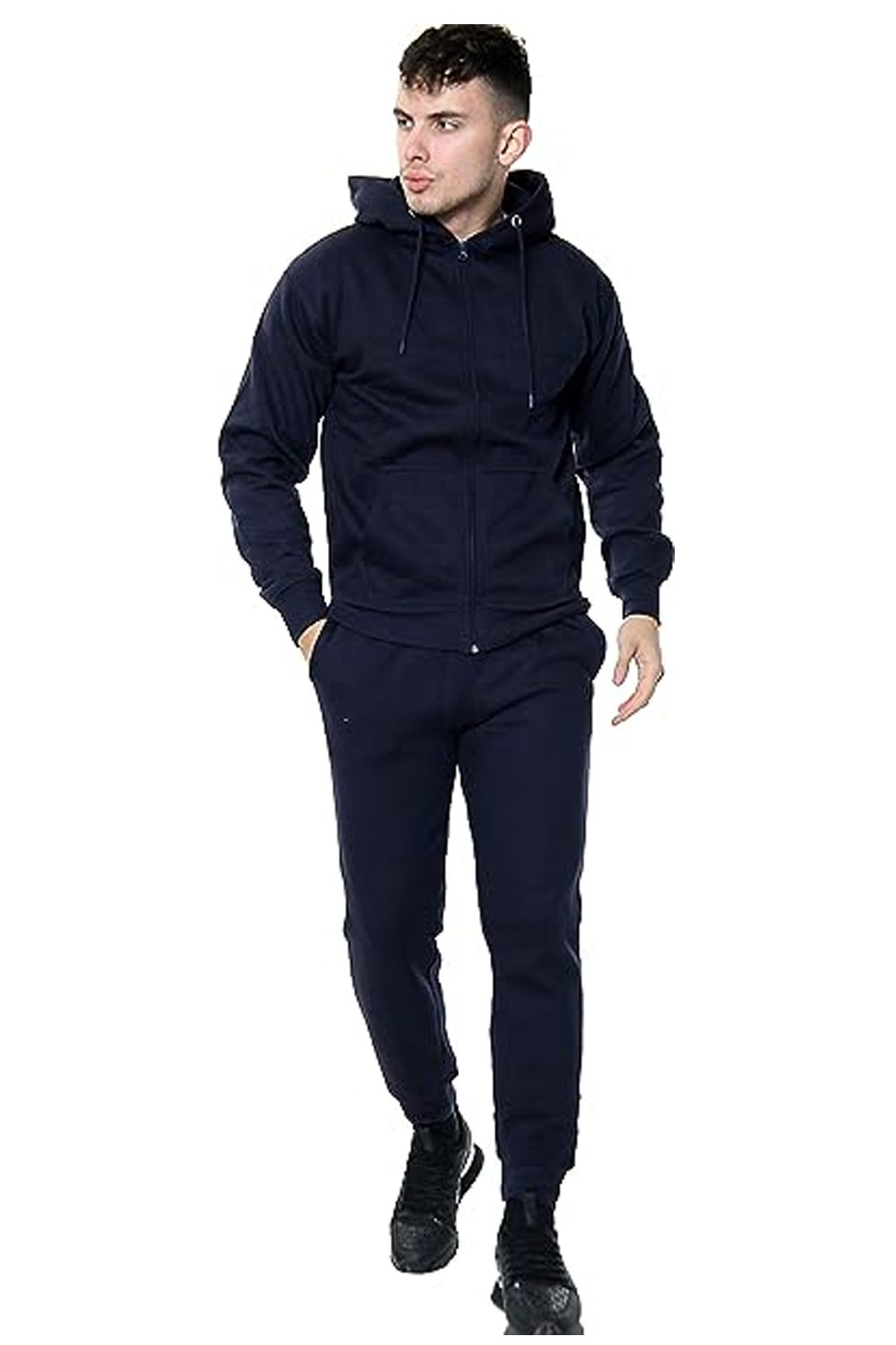 Fleece Hooded Top & Bottom Gym Jogger Plain Tracksuit Full Set S To Xl navy