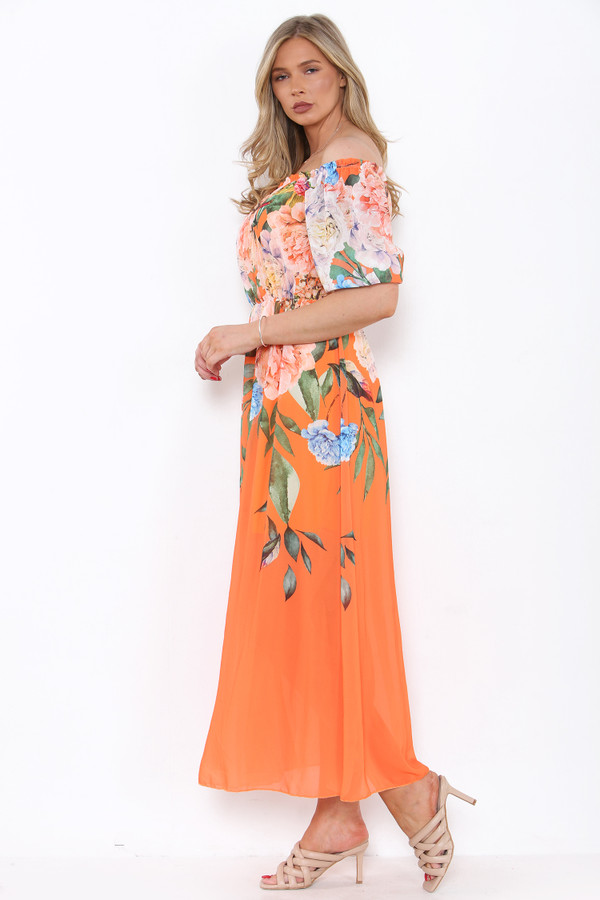 orange Floral Print Off The Shoulder Maxi Dress