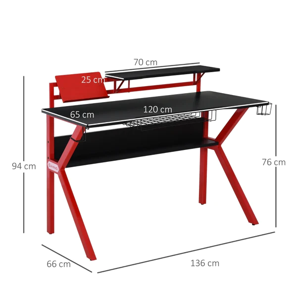 Gaming Desk Computer Table with Monitor Stand, Cup Holder, Headphone Hook, Wire Basket and Metal Frame, Red