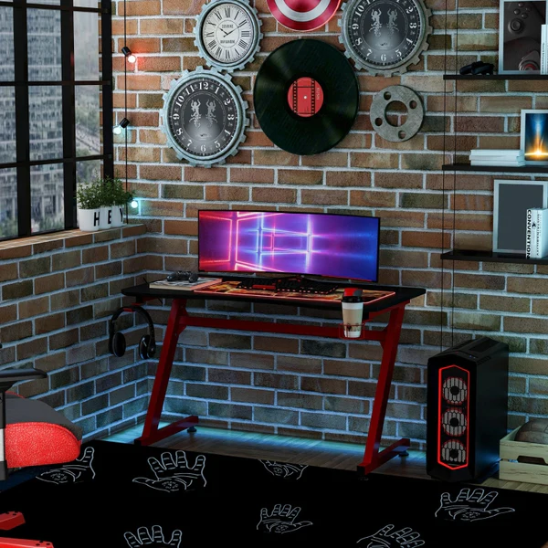 Gaming Desk Steel Frame w/ Cup Headphone Holder Adjustable Feet Cable Organiser Home Office Computer Table Red