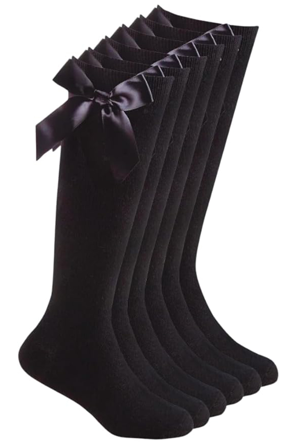 Girls Black Knee High Cotton School Socks With Bow Ribbons (Pack Of 6)