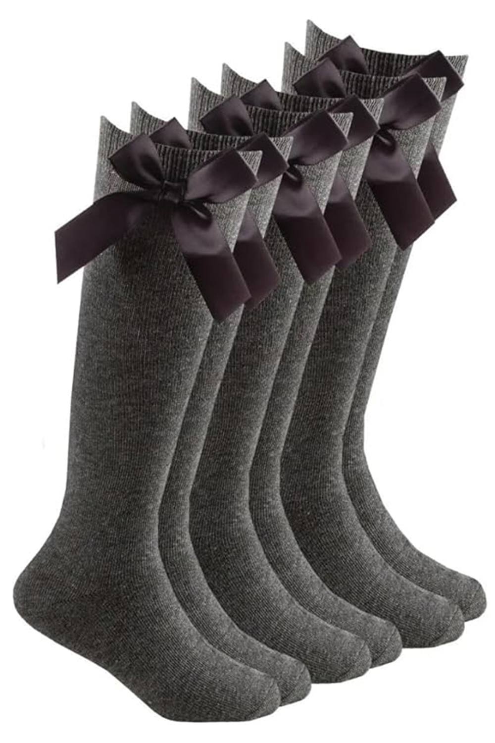 Girls Grey Knee High Cotton School Socks With Bow Ribbons (Pack Of 6)