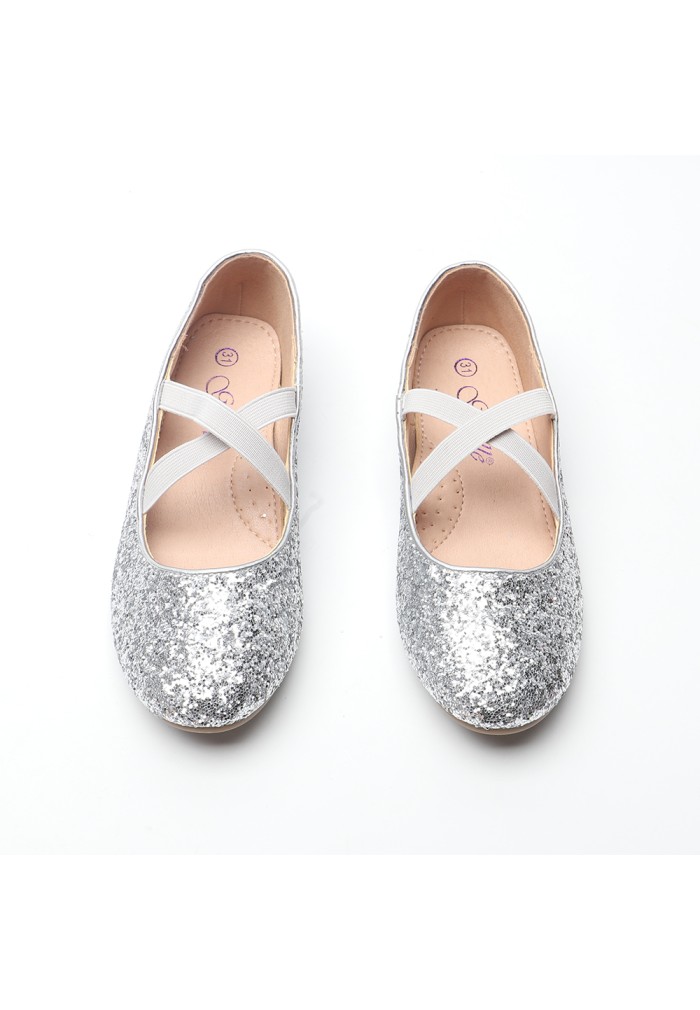 Girls Mary Jane Ballerina Flat Shoes-Glitter Silver