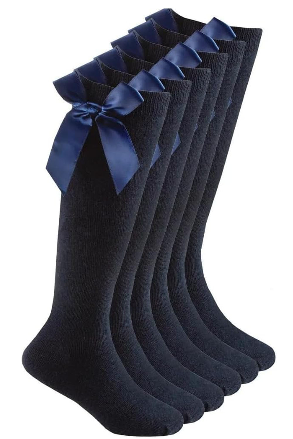 Girls Navy Knee High Cotton School Socks With Bow Ribbons (PACK OF 6)