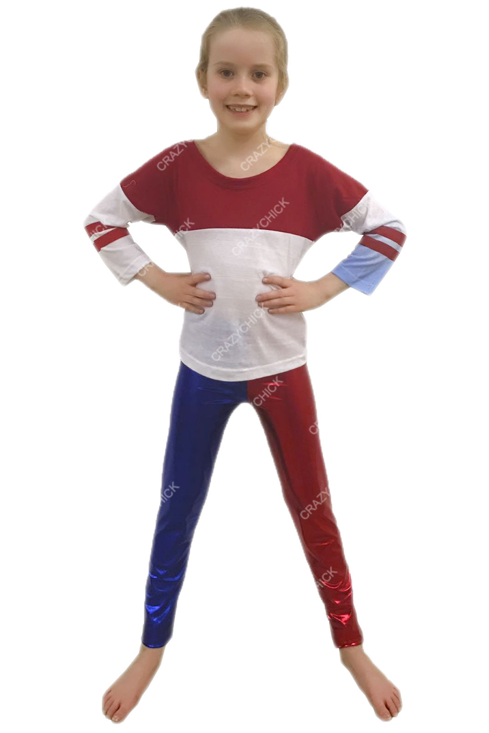 Crazy Chick Girls Shiny Metallic Red and Blue Leggings