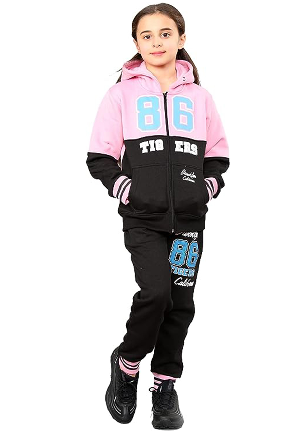 Girls Tracksuit Tiger 86 Brooklyn Printed Zipper Hooded Top & Bottom Full Set