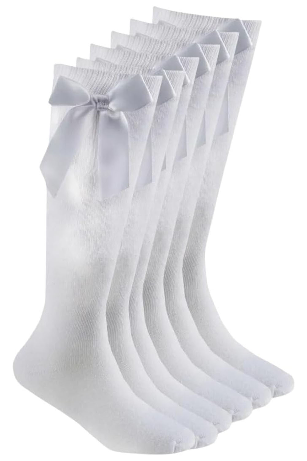 Girls White Knee High Cotton School Socks With Bow Ribbons (PACK OF 6)