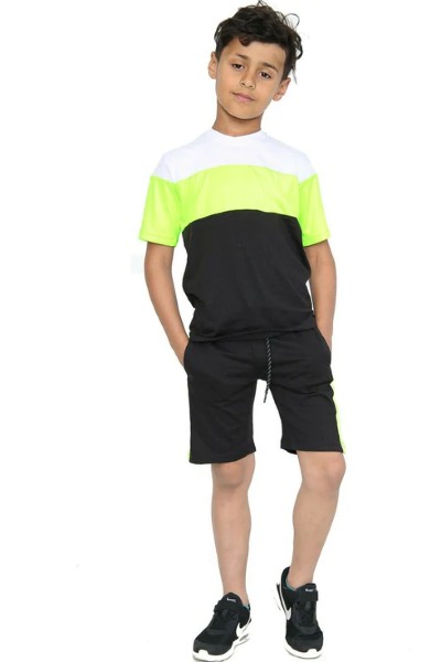 Kids Green/Black Contrast Panel 2 Pieces Shirt & Short Set