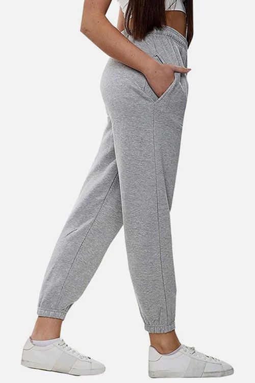 Grey Women Elastic Waist Sweatpants With Pocket