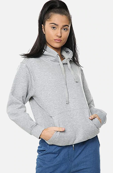 Grey Women Plain Pullover Fleece Hoodie