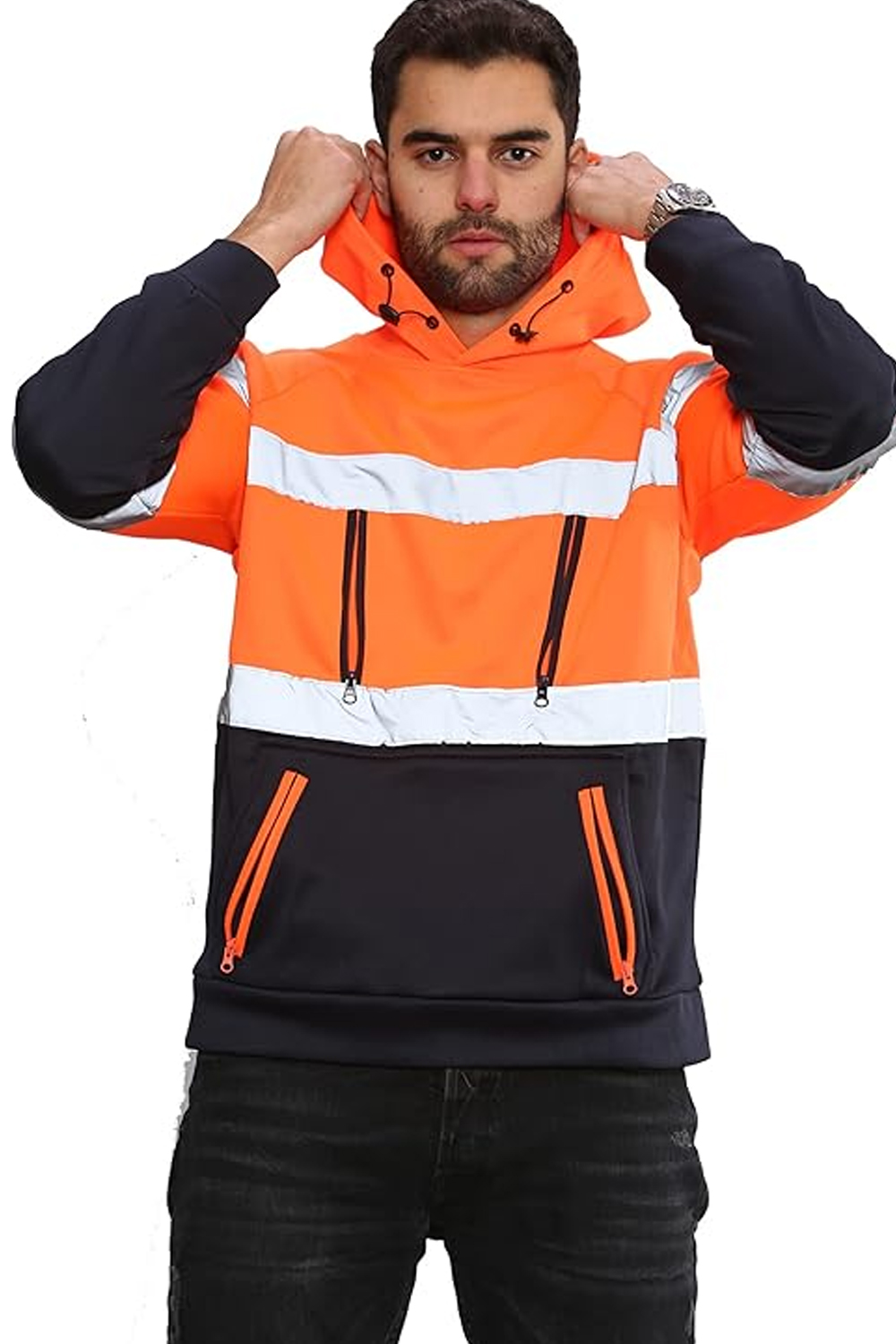 Hi Vis 4 Zips Orange Pullover Safety Hoodie with Reflective Tape