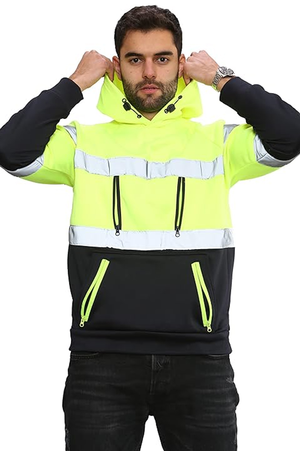 Hi Vis 4 Zips Yellow Pullover Safety Hoodie with Reflective Tape