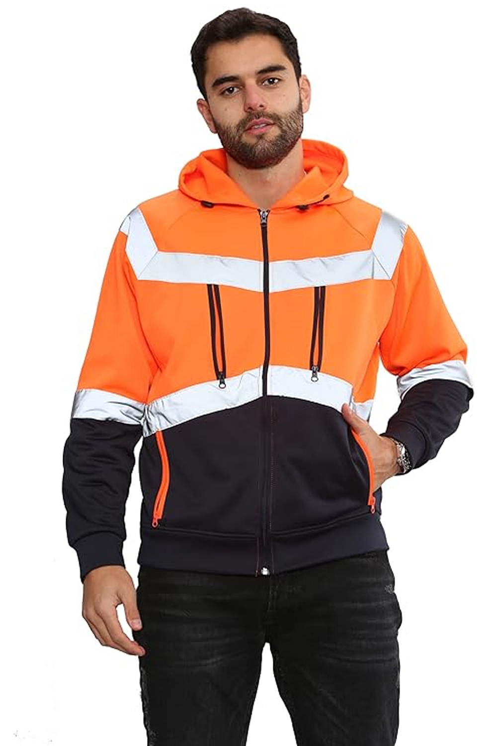Hi Vis 5 Zips Orange Pullover Safety Hoodie with Reflective Tape