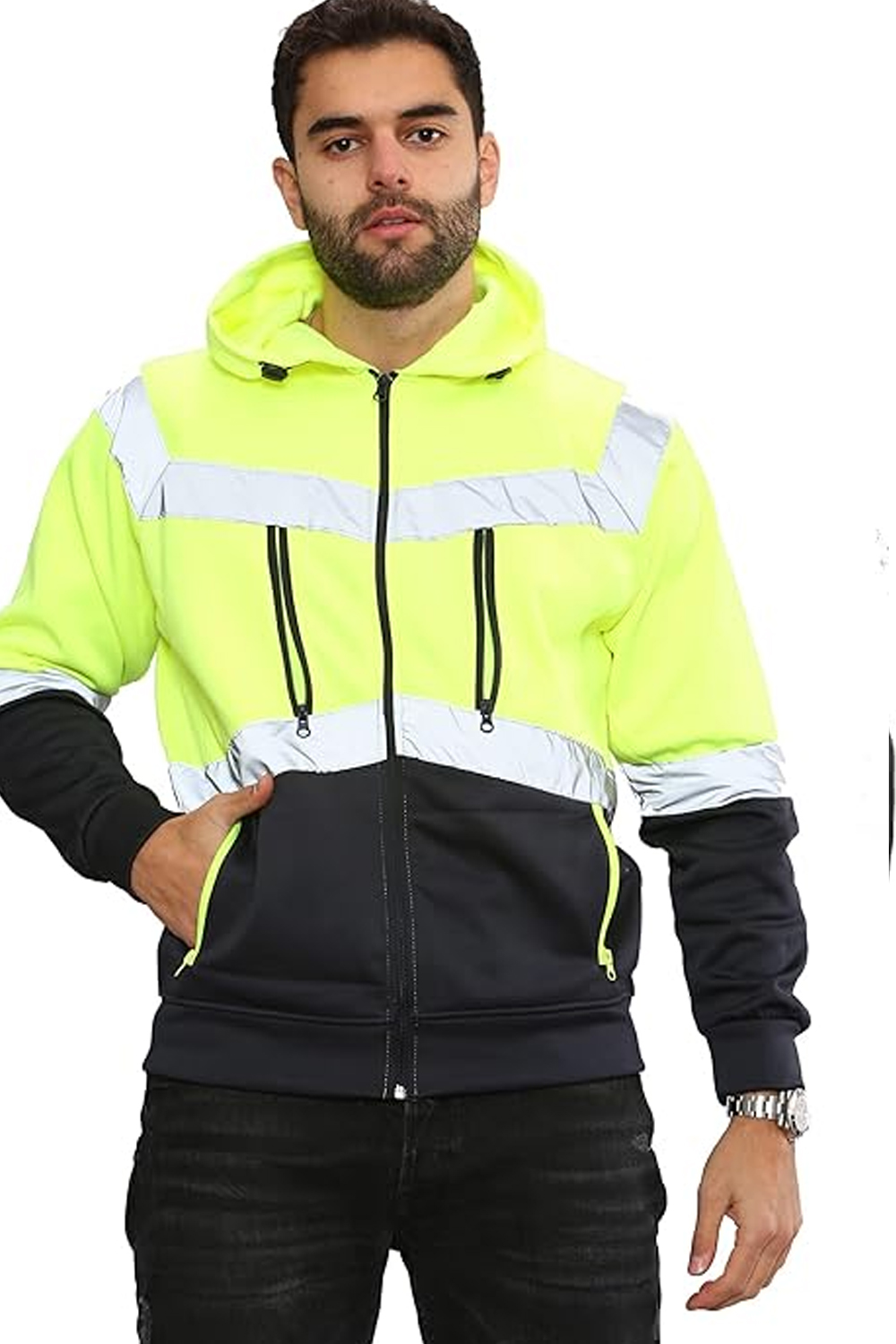 Hi Vis 5 Zips Yellow Pullover Safety Hoodie with Reflective Tape