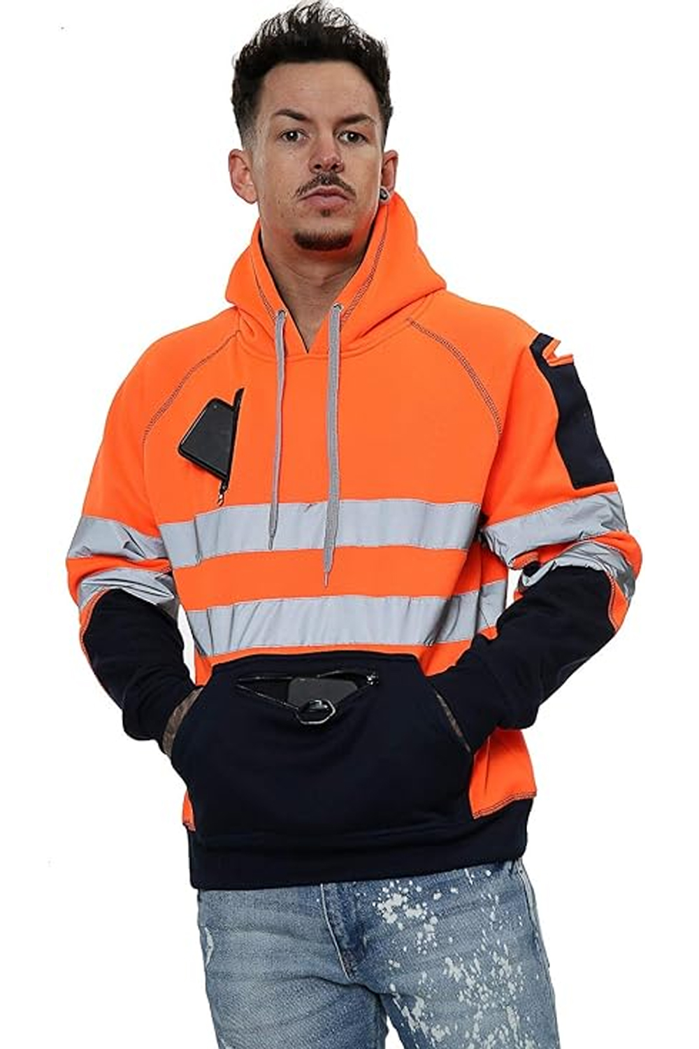 Hi Vis Pullover Safety Hoodie with Reflective Tape – Work Fleece, Zip Pockets, S-3XL