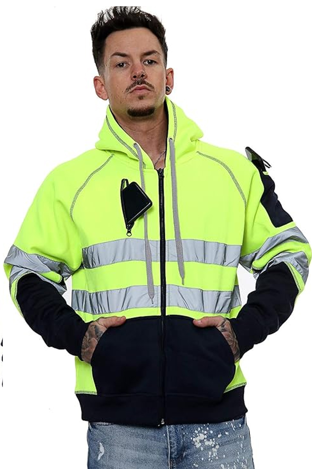 Hi Vis Zipper Safety Hoodie with Reflective Strips and Zip Pocket