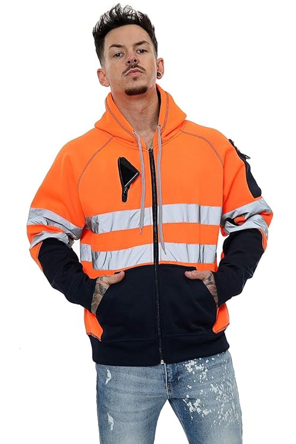 Hi Vis Zipper Safety Hoodie with Reflective Tape – Work Fleece, Zip Pockets, S-3XL