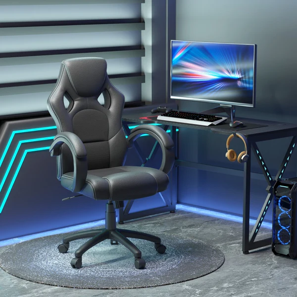 High-Back Office Chair Gaming Chair Faux Leather Swivel Computer Desk Chair for Home Office with Wheels Armrests Black