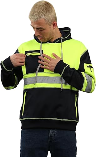 High Visibility Reflective Pullover 3 Zips Hoodie Yellow Navy