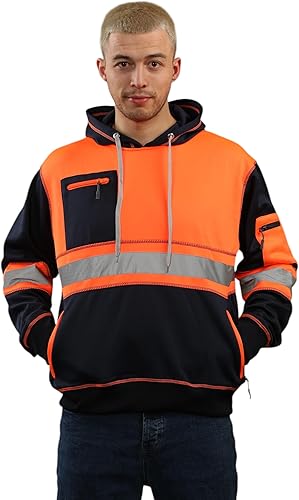 High Visibility Reflective Pullover 3 Zips Hoodie Orange Navy