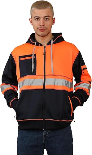 High Visibility Reflective Zipper 3 Zips Hoodie Orange Navy