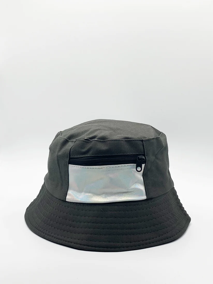 Khaki Bucket Hat with Iridescent Pocket Detail