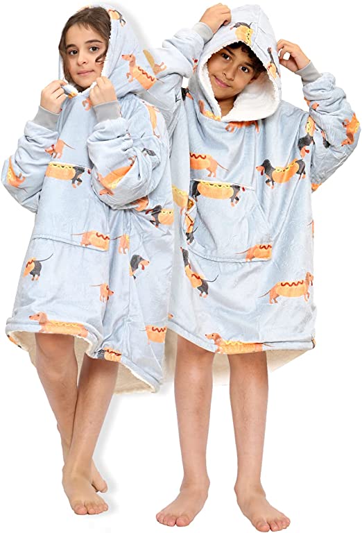 Children's Grey Sausage Dog Print Hoodie Blanket