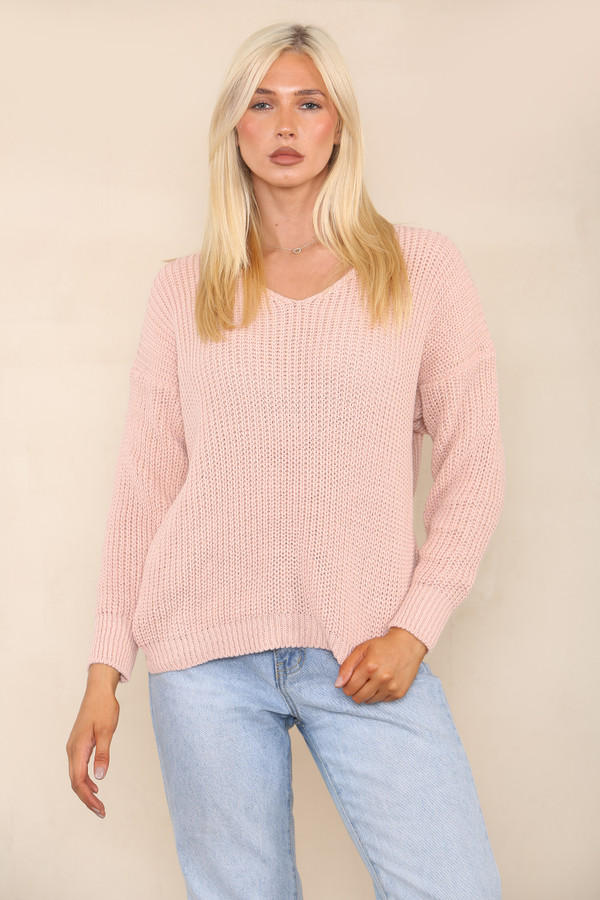 Knitted V-Neck Jumper Dusky Pink