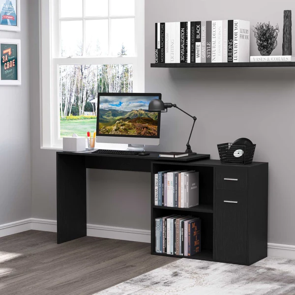 L-Shaped Desk Computer Corner Desk, Adjustable Dining Table with Storage Shelf and Drawer, Workstation for Home Office, Black