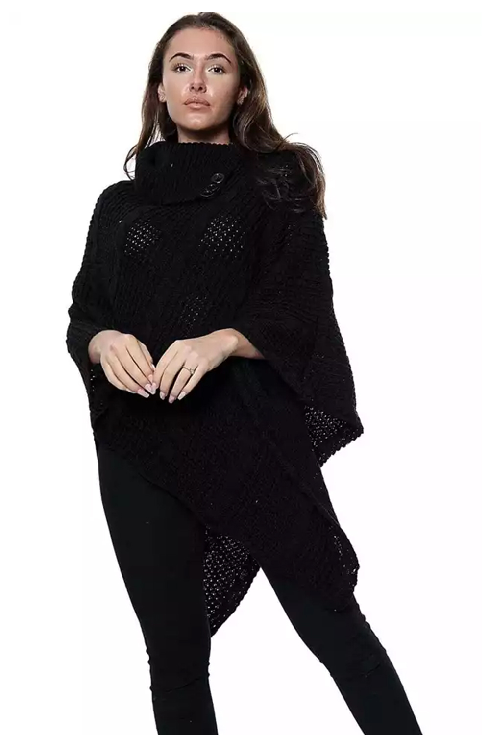 Ladies Black 3-Button Knitted Winter Poncho Cape