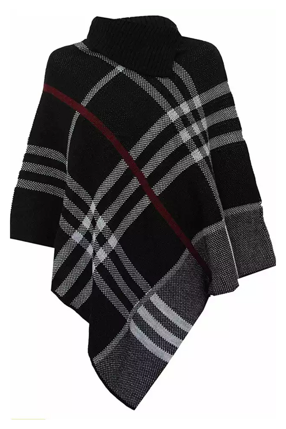 Ladies Black High Neck Tartan Check Knitted Poncho Cape Shawl